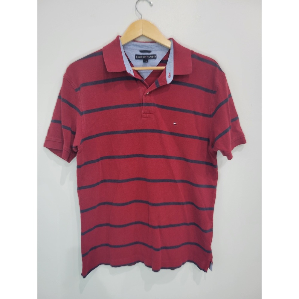 Tommy Hilfiger Men's Red Navy Striped Short Sleeve Polo Shirt Size‎ L Preppy